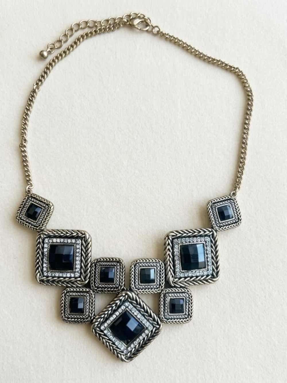 Silver-Tone Black Statement Necklace - Elegant Geometric Pendant